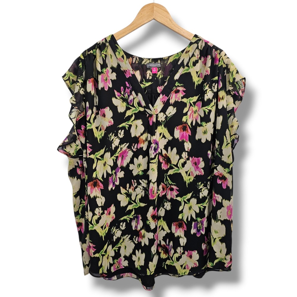 Vince Camuto Blouse 3X Womens Black Pink Floral Ruffle Sleeve V-Neck Chiffon Top